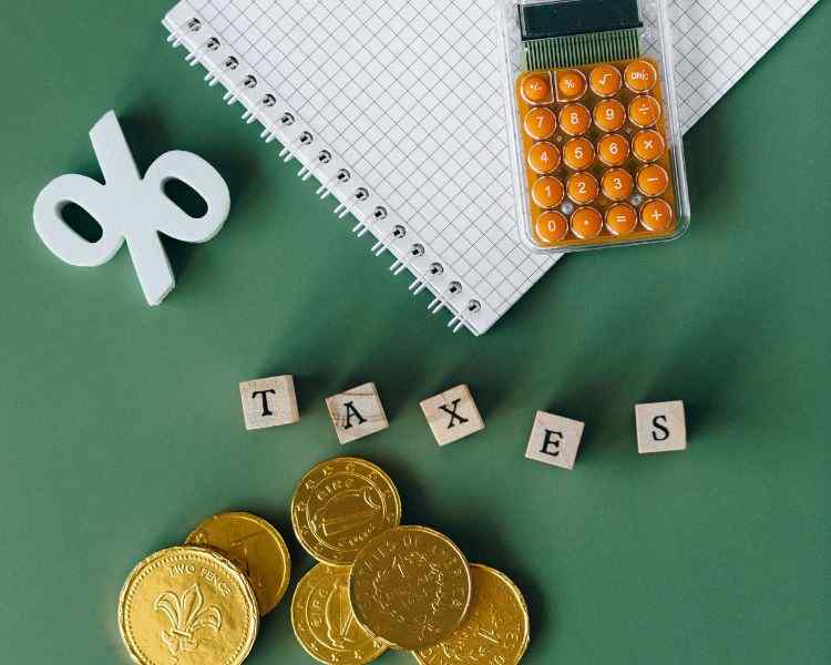 taxes,percentage sign,calculator,coins and pad.